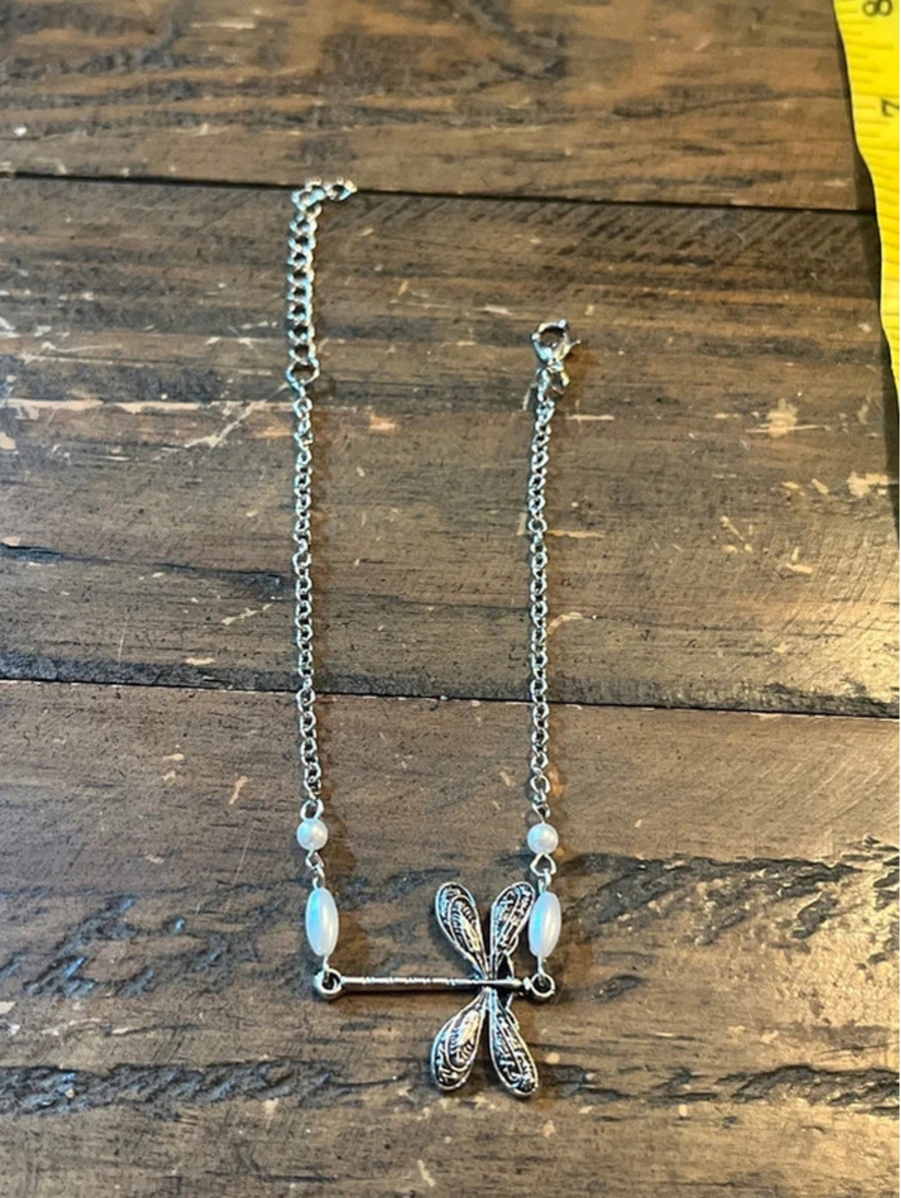 0051 Boho Silver Tone Dragonfly Anklet with Pearl Beads